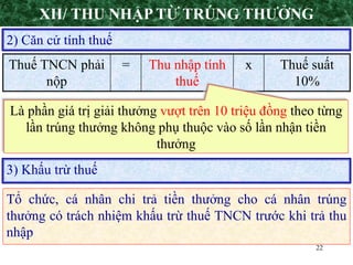 22
2) Căn cứ tính thuế
Thuế TNCN phải
nộp
= Thu nhập tính
thuế
x Thuế suất
10%
Là phần giá trị giải thưởng vượt trên 10 triệu đồng theo từng
lần trúng thưởng không phụ thuộc vào số lần nhận tiền
thưởng
Tổ chức, cá nhân chi trả tiền thưởng cho cá nhân trúng
thưởng có trách nhiệm khấu trừ thuế TNCN trước khi trả thu
nhập
3) Khấu trừ thuế
XII/ THU NHẬP TỪ TRÚNG THƯỞNG
 