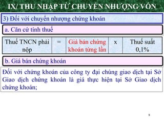 8
Thuế TNCN phải
nộp
= Giá bán chứng
khoán từng lần
x Thuế suất
0,1%
a. Căn cứ tính thuế
3) Đối với chuyển nhượng chứng khoán
b. Giá bán chứng khoán
Đối với chứng khoán của công ty đại chúng giao dịch tại Sở
Giao dịch chứng khoán là giá thực hiện tại Sở Giao dịch
chứng khoán;
IX/ THU NHẬP TỪ CHUYỂN NHƯỢNG VỐN
 