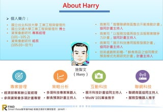 資策會FIND 智慧流通研究團隊整理，2016年。
FIND
Smart Retail
About Harry
施智文
（Harry）
專案管理
• 經濟部專案辦公室經理
• 參與資策會多項計畫專管
策略分析
• 多項科技專案策劃人
• 鮮食預測計畫主持人
互動科技
• 展示科技計畫協同主持人
• WoW 101幕後推手
聯網科技
• 聯網商區協同主持人
• 服務型機器人推手
• 國立台北科技大學 工業工程與管理所
• 國立交通大學工業工程與管理所 博士
• 資策會創研所 專案經理
(101~105.2)
• 資策會創研所 組長
(105.03~迄今)
• 商業司「智慧聯網商區整合示範推動計畫」
協同計畫主持人
• 商業司「以服務加值再造生活服務業競爭
力計畫」協同計畫主持人
• 商業司「展示科技應用服務發展計畫」
協同計畫主持人
• 技術處創新前瞻-「鮮食商品之協同需求
預測模式先期研究計畫」計畫主持人
 個人簡介：
 