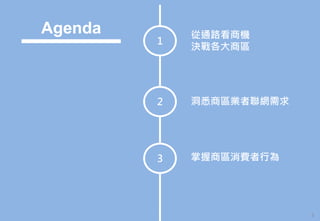 Agenda
1
2
3
3
從通路看商機
決戰各大商區
掌握商區消費者行為
洞悉商區業者聯網需求
 