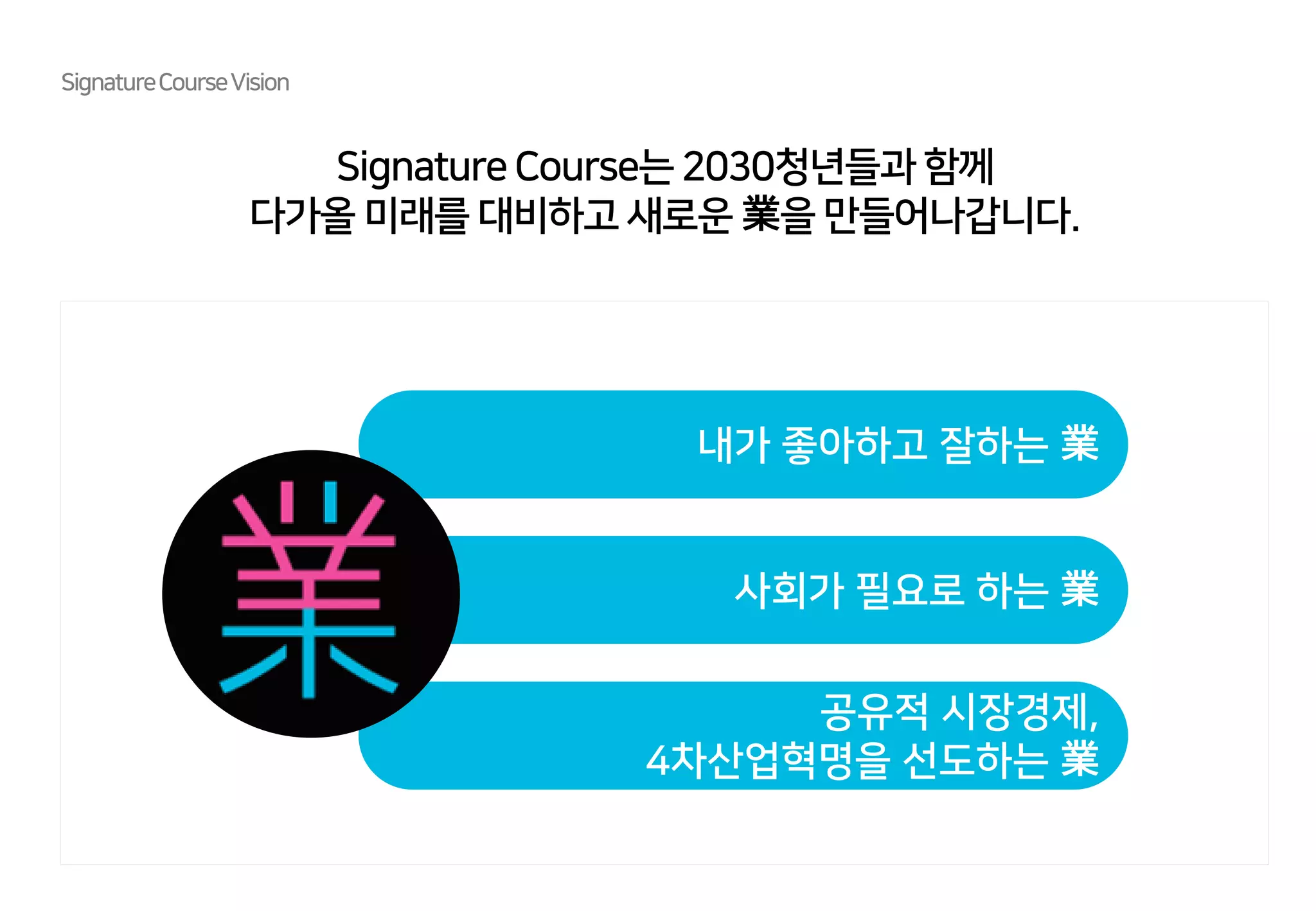 Signature Course는 2030청년들과 함께
다가올 미래를 대비하고 새로운 業을 만들어나갑니다.
SignatureCourseVision
내가 좋아하고 잘하는 業
사회가 필요로 하는 業
공유적 시장경제,
4차산업혁명을 선도하는 業
 