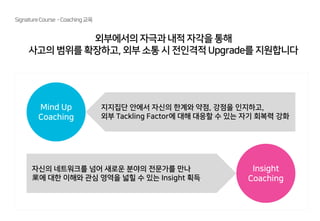 외부에서의 자극과 내적 자각을 통해
사고의 범위를 확장하고, 외부 소통 시 전인격적 Upgrade를 지원합니다
SignatureCourse -Coaching교육
Mind Up
Coaching
Insight
Coaching
지지집단 안에서 자신의 한계와 약점, 강점을 인지하고,
외부 Tackling Factor에 대해 대응할 수 있는 자기 회복력 강화
자신의 네트워크를 넘어 새로운 분야의 전문가를 만나
業에 대한 이해와 관심 영역을 넓힐 수 있는 Insight 획득
 