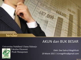 AKUN dan BUK BESAR
Oleh: Dwi Sahrul Maghfiroh
19 Maret 2017 / d.maghfiro@gmail.com
Universitas Nahdlatul Ulama Sidoarjo
Fakultas Ekonomi
Prodi Manajemen
 