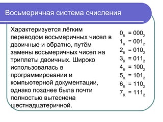 Восьмеричная система счисления
Характеризуется лёгким
переводом восьмеричных чисел в
двоичные и обратно, путём
замены восьмеричных чисел на
триплеты двоичных. Широко
использовалась в
программировании и
компьютерной документации,
однако позднее была почти
полностью вытеснена
шестнадцатеричной.
08
= 0002
18
= 0012
28
= 0102
38
= 0112
48
= 1002
58
= 1012
68
= 1102
78
= 1112
 