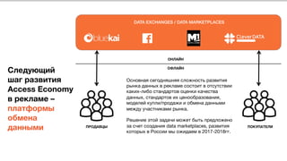 DATA EXCHANGES / DATA MARKETPLACES,
,
,
,
,
 
 
 
 
 
 
Следующий 
шаг развития 
Access Economy
в рекламе – 
платформы 
обмена 
данными

ПРОДАВЦЫ
 ПОКУПАТЕЛИ
Основная сегодняшняя сложность развития
рынка данных в рекламе состоит в отсутствии
каких-либо стандартов оценки качества
данных, стандартов их ценообразования,
моделей купли/продажи и обмена данными
между участниками рынка.

Решение этой задачи может быть предложено
за счет создания data marketplaces, развития
которых в России мы ожидаем в 2017-2018гг.
ОНЛАЙН
ОФЛАЙН
 