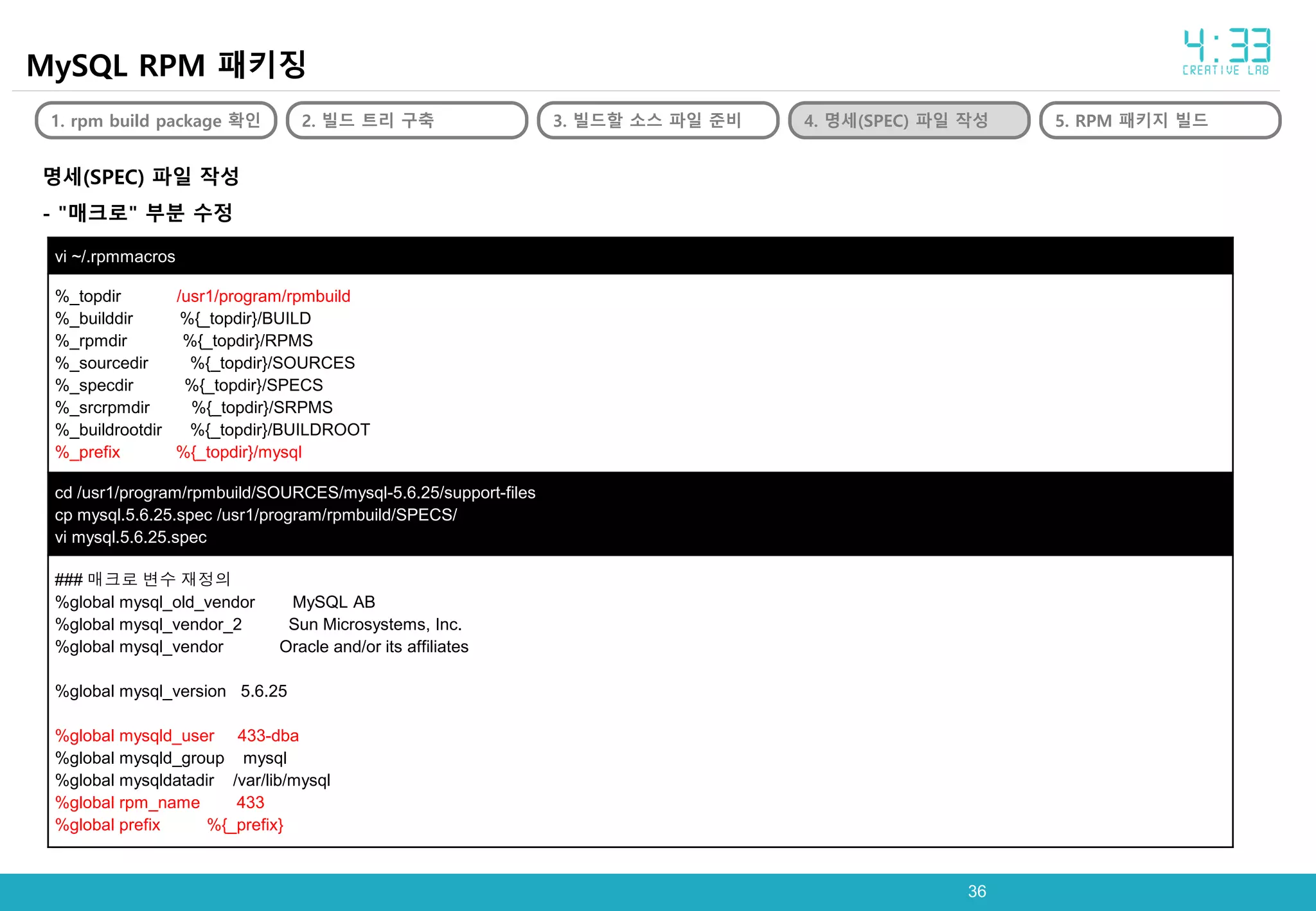 3636
MySQL RPM 패키징
1. rpm build package 확인 2. 빌드 트리 구축 3. 빌드할 소스 파일 준비 4. 명세(SPEC) 파일 작성 5. RPM 패키지 빌드
명세(SPEC) 파일 작성
- "매크로" 부분 수정
vi ~/.rpmmacros
%_topdir /usr1/program/rpmbuild
%_builddir %{_topdir}/BUILD
%_rpmdir %{_topdir}/RPMS
%_sourcedir %{_topdir}/SOURCES
%_specdir %{_topdir}/SPECS
%_srcrpmdir %{_topdir}/SRPMS
%_buildrootdir %{_topdir}/BUILDROOT
%_prefix %{_topdir}/mysql
cd /usr1/program/rpmbuild/SOURCES/mysql-5.6.25/support-files
cp mysql.5.6.25.spec /usr1/program/rpmbuild/SPECS/
vi mysql.5.6.25.spec
### 매크로 변수 재정의
%global mysql_old_vendor MySQL AB
%global mysql_vendor_2 Sun Microsystems, Inc.
%global mysql_vendor Oracle and/or its affiliates
%global mysql_version 5.6.25
%global mysqld_user 433-dba
%global mysqld_group mysql
%global mysqldatadir /var/lib/mysql
%global rpm_name 433
%global prefix %{_prefix}
 