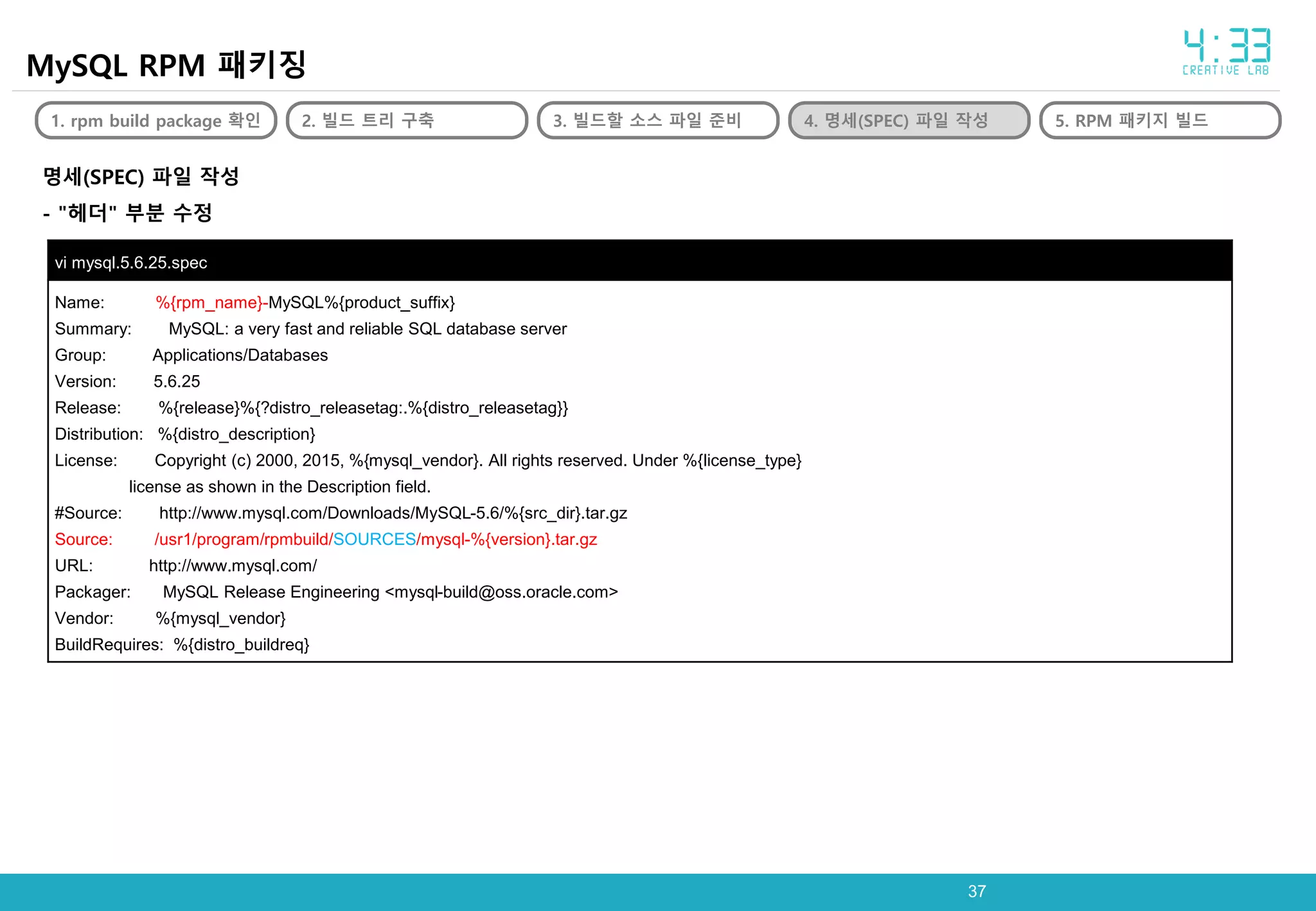 3737
MySQL RPM 패키징
1. rpm build package 확인 2. 빌드 트리 구축 3. 빌드할 소스 파일 준비 4. 명세(SPEC) 파일 작성 5. RPM 패키지 빌드
명세(SPEC) 파일 작성
- "헤더" 부분 수정
vi mysql.5.6.25.spec
Name: %{rpm_name}-MySQL%{product_suffix}
Summary: MySQL: a very fast and reliable SQL database server
Group: Applications/Databases
Version: 5.6.25
Release: %{release}%{?distro_releasetag:.%{distro_releasetag}}
Distribution: %{distro_description}
License: Copyright (c) 2000, 2015, %{mysql_vendor}. All rights reserved. Under %{license_type}
license as shown in the Description field.
#Source: http://www.mysql.com/Downloads/MySQL-5.6/%{src_dir}.tar.gz
Source: /usr1/program/rpmbuild/SOURCES/mysql-%{version}.tar.gz
URL: http://www.mysql.com/
Packager: MySQL Release Engineering <mysql-build@oss.oracle.com>
Vendor: %{mysql_vendor}
BuildRequires: %{distro_buildreq}
 