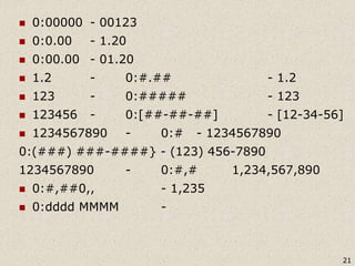  0:00000 - 00123
 0:0.00 - 1.20
 0:00.00 - 01.20
 1.2 - 0:#.## - 1.2
 123 - 0:##### - 123
 123456 - 0:[##-##-##] - [12-34-56]
 1234567890 - 0:# - 1234567890
0:(###) ###-####} - (123) 456-7890
1234567890 - 0:#,# 1,234,567,890
 0:#,##0,, - 1,235
 0:dddd MMMM -
21
 