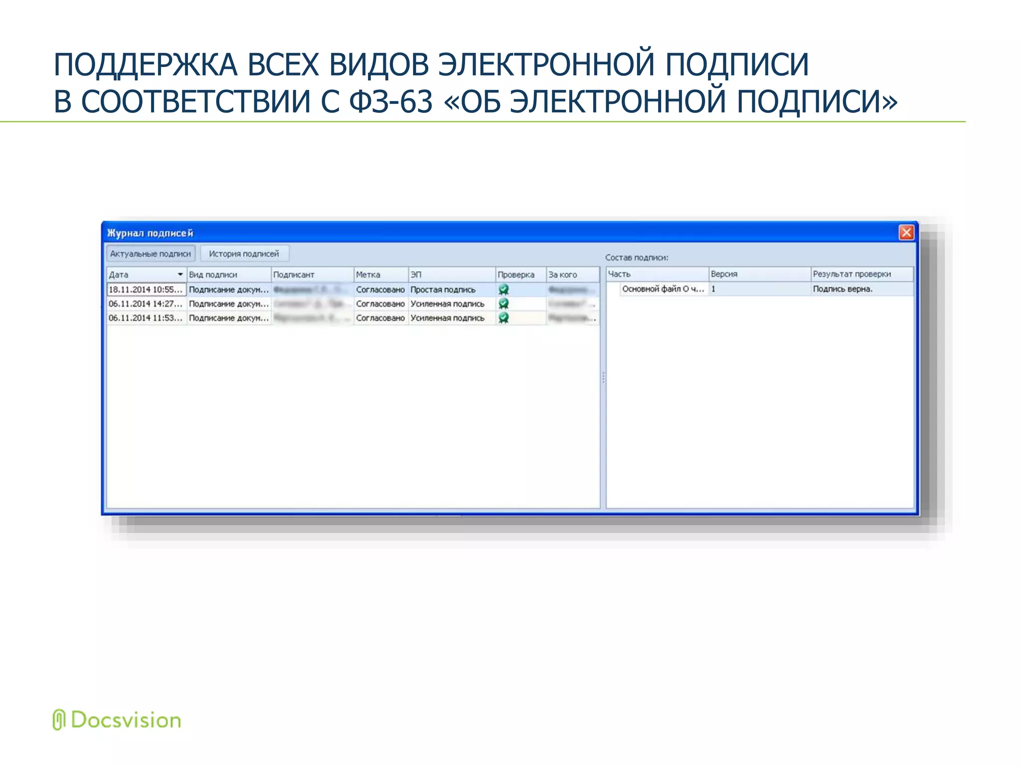 ПОДДЕРЖКА ВСЕХ ВИДОВ ЭЛЕКТРОННОЙ ПОДПИСИ
В СООТВЕТСТВИИ С ФЗ-63 «ОБ ЭЛЕКТРОННОЙ ПОДПИСИ»
 