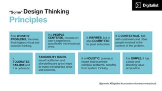 Focus areas of design
Broad goals with social
& cultural corporate
implications.
Directing designers
and interdisciplinary
teams.
Organize tasks,
products, information,
services, and manage
time and process
efficiency.
Strategy Management Planning Execution
Converting strategy
and insights into
objects, images and
actions.
@janevita #Digitalist #cocreation #bmwsummerschool
 