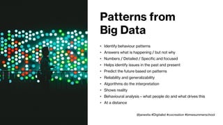 Insights from
Thick Data
• Understanding context and personal-behaviour
• Answers what does it means
• Stories
• Helps to inspire possibilities for the future
• Credibility and transferability
• Interpretation is a collective process
• Constructs reality
• Cultural analyses – social meanings
• Close in and interactive
• Open ended
• Holistic
@janevita #Digitalist #cocreation #bmwsummerschool
 