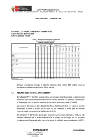 CONTRATO N° 233-2008-MTC/20
Estudio Definitivo de la Carretera: Camaná – Desvío Quilca – Matarani – Ilo – Tacna, Tramo: Desvío Quilca – Matarani
ALPHA CONSULT S.A. – CONESUPSA S.A.
CUADRO 3.2.4.2 TIPO DE COMBUSTIBLE EN VEHICULOS
Cuadro Resumen del 04.03.2009
Estación Cerrillos – Quilca
Petroleo
Gasolina
GasLicuado
GasNatural
Otros
Petroleo
Gasolina
GasLicuado
GasNatural
Otros
Petroleo
Gasolina
GasLicuado
GasNatural
Otros
Autos 4 8 8 11 12 19 0 0 0
Camionetas 3 3 6 6 9 9 0 0 0
Combi 1 1 2 0 0 0 0
Microbus 4 2 6 0 0 0 0
Bus 2E 1 Piso 0 0 0 0 0
Bus 2E 2 Pisos 0 0 0 0 0
Bus 3E 1 Piso 0 0 0 0 0
Bus 3E 2 Pisos 0 0 0 0 0
Bus 4E 1 Piso 0 0 0 0 0
Bus 4E 2 Pisos 0 0 0 0 0
C2E 4 3 7 0 0 0 0
C3E 0 0 0 0 0
C4E 0 0 0 0 0
2S2 0 0 0 0 0
3S2 0 0 0 0 0
2S3 0 0 0 0 0
3S3 0 0 0 0 0
2T2 0 0 0 0 0
3T2 0 0 0 0 0
3T3 0 0 0 0 0
Total General 16 11 0 0 0 20 17 0 0 0 36 28 0 0 0
Fuente: Elaboraciòn Propia
Cuadro 3.29 Tipo de Combustible en Vehiculos
Cuadro Resumen del 04.03.2009
Estación Cerrillos - Quilca
Tipos/N° Vehículos
Sentido
Total
De Sur a Norte De Norte a Sur
El mayor porcentaje de vehículos, de todas las categorías, utiliza petróleo (56% a 76%), siendo los
autos y camionetas los que mayormente utilizan gasolina.
3.3 RESUMEN DE LA ENCUESTA ORIGEN-DESTINO
En la Estación N° 01 “Cerrillos”, para considerar que la muestra obtenida es válida, ha sido necesario
determinar que el tamaño muestral sobre el volumen total sea mayor del 10% y además considerar que
el desagregado sobre los grandes grupos de vehículos sean porcentajes entre el 20% y 25%.
Las muestras obtenidas para dicha Estación Cerrillos el día Martes 03.03.09 son superiores a dichos
porcentajes, tal como se muestra en el Cuadro 3.5, no sucediendo lo mismo para las muestras
obtenidas para la misma estación el día Miércoles 04.03.09
En la Estación N° 02 “Cerrillos-Quilca”, para considerar que la muestra obtenida es válida, ha sido
necesario determinar que el tamaño muestral sobre el volumen total sea mayor del 10% y además
considerar que el desagregado sobre los grandes grupos de vehículos sean porcentajes entre el 20% y
INFORME FINAL
…………………………………………………………
Ing. CÉSAR R. LLUNCOR OCHOA
Especialista en Estudio de Trafico
CIP. Nº 37003
 