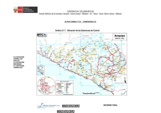 CONTRATO N° 233-2008-MTC/20
Estudio Definitivo de la Carretera: Camaná – Desvío Quilca – Matarani – Ilo – Tacna, Tramo: Desvío Quilca – Matarani
ALPHA CONSULT S.A. – CONESUPSA S.A.
Grafico 2.1.1 Ubicación de las Estaciones de Control
E-2 ESTACIÓN
CERRILLOS
QUILCA
E-3 ESTACIÓN
MATARANI
E-1 ESTACIÓN
CERRILLOS
INFORME FINAL
 