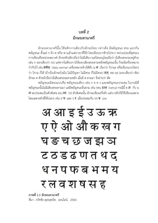 บทที่ 2
อักษรเทวนาครี
อักษรเทวนาครีนั้น ใชหลักการเดียวกับอักษรไทย กลาวคือ มีพยัญชนะ สระ แยกกัน
พยัญชนะ ตั้งแต ก ถึง ห หรือ ฬ (แลวแตภาษาที่ใช) โดยเขียนจากซายไปขวา หนวยยอยที่สุดของ
การเขียนคือหนวยพยางค อักษรตัวเดียวถือวาไมมีเสียง (แตโดยอนุโลมถือวา มีเสียงสระอะอยูดวย
เชน ก ออกเสียงวา กะ) แตหากไมตองการใหออกเสียงสระตามหลังพยัญชนะนั้น ก็จะมีเครื่องหมาย
กํากับไว เชน वमर्न ् วรฺมนฺ varman เครื่องหมายขางใตตัว นฺ न เรียกวา วิรามะ หรือเรียกแบบไทยๆ
วา วิราม ก็ได (ถาเปนอักษรโรมัน ไมมีปญหา ไมมีสระ ก็ไมมีสระ) तत ् ตตฺ tat (ออกเสียงวา ตัต)
อักษร ต ตัวหนาถือวามีเสียงสระอะตามหลัง เมื่อมี ตฺ ตามมา จึงอานวา ตัต
พยัญชนะมีสองแบบคือ พยัญชนะเดียว เชน ก ข ค ง และพยัญชนะประสม ในกรณีที่
พยัญชนะนั้นไมมีเสียงสระตามมา แตมีพยัญชนะอื่นตาม เชน รตฺน रत्न (ratna) กรณีนี้ ต त กับ น
न จะประสมเปนตัวพิเศษ ตฺน त्न (rt) ตัวพิเศษนั้น มักจะเขียนครึ่งตัว แตบางตัวก็มีวิธีเขียนเฉพาะ
โดยเฉพาะตัวที่ใชบอยๆ เชน ป प และ ร र เมื่อประสมกัน ปฺร प्र pra
ภาพที่ 1.1 อักษรเทวนาครี
ที่มา : ธวัชชัย ดุลยสุจริต. ออนไลน. 2560.
 