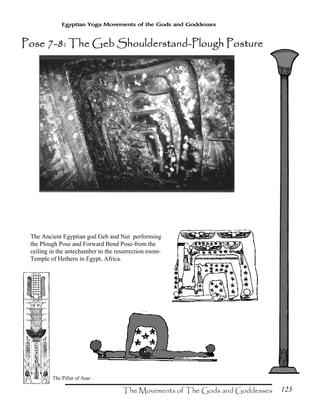 123
Egyptian Yoga Movements of the Gods and Goddesses
The Ancient Egyptian god Geb and Nut performing
the Plough Pose and Forward Bend Pose-from the
ceiling in the antechamber to the resurrection room-
Temple of Hetheru in Egypt, Africa.
The Pillar of Asar .
Pose 7Pose 7Pose 7Pose 7----8: The Geb Shoulderstand8: The Geb Shoulderstand8: The Geb Shoulderstand8: The Geb Shoulderstand----Plough PoPlough PoPlough PoPlough Posssstureturetureture
 