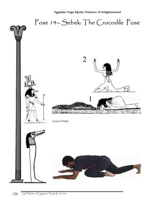 136
Egyptian Yoga Mystic Postures of Enlightenment
Forms of Sebek
1
2
Pose 14Pose 14Pose 14Pose 14–––– Sebek: The Crocodile PoseSebek: The Crocodile PoseSebek: The Crocodile PoseSebek: The Crocodile Pose
 