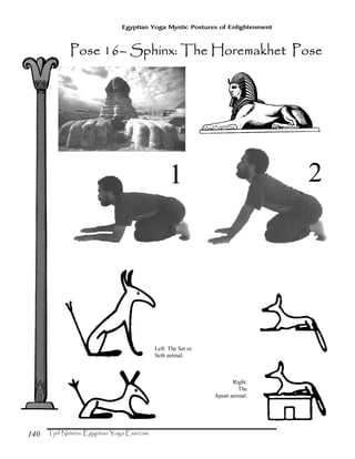 140
Egyptian Yoga Mystic Postures of Enlightenment
1 2
Left: The Set or
Seth animal.
Right:
The
Apuat animal.
Pose 16Pose 16Pose 16Pose 16–––– Sphinx: The Horemakhet PoseSphinx: The Horemakhet PoseSphinx: The Horemakhet PoseSphinx: The Horemakhet Pose
 