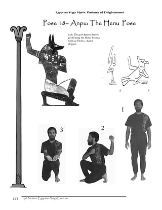 144
Egyptian Yoga Mystic Postures of Enlightenment
Left: The god Apuat (Anubis)
performing the Henu. From a
tomb at Thebes., Kamit
(Egypt).
A B
23
1
Pose 18Pose 18Pose 18Pose 18–––– Anpu: The Henu PoseAnpu: The Henu PoseAnpu: The Henu PoseAnpu: The Henu Pose
 