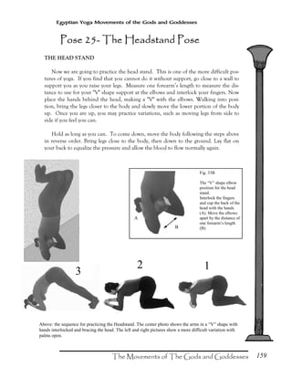 159
Egyptian Yoga Movements of the Gods and Goddesses
THE HEAD STAND
Now we are going to practice the head stand. This is one of the more difficult pos-
tures of yoga. If you find that you cannot do it without support, go close to a wall to
support you as you raise your legs. Measure one forearm’s length to measure the dis-
tance to use for your "V" shape support at the elbows and interlock your fingers. Now
place the hands behind the head, making a "V" with the elbows. Walking into posi-
tion, bring the legs closer to the body and slowly move the lower portion of the body
up. Once you are up, you may practice variations, such as moving legs from side to
side if you feel you can.
Hold as long as you can. To come down, move the body following the steps above
in reverse order. Bring legs close to the body, then down to the ground. Lay flat on
your back to equalize the pressure and allow the blood to flow normally again.
Above: the sequence for practicing the Headstand. The center photo shows the arms in a “V” shape with
hands interlocked and bracing the head. The left and right pictures show a more difficult variation with
palms open.
Fig. 33B
The “V” shape elbow
position for the head
stand.
Interlock the fingers
and cup the back of the
head with the hands
(A). Move the elbows
apart by the distance of
one forearm’s length
(B).
12
3
B
A
Pose 25Pose 25Pose 25Pose 25---- The Headstand PoseThe Headstand PoseThe Headstand PoseThe Headstand Pose
 