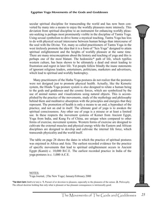 25
Egyptian Yoga Movements of the Gods and Goddesses
secular spiritual discipline for transcending the world and has now been con-
verted by many into a means to enjoy the worldly pleasures more intensely. This
deviation from spiritual discipline to an instrument for enhancing worldly pleas-
ure-seeking is perhaps most prominently visible in the discipline of Tantra Yoga.
Using sexual symbolism to drive home a mystical teaching, Tantra Yoga has less
to do with physical sexual intercourse between human beings than intercourse of
the soul with the Divine. Yet, many so called practitioners of Tantra Yoga in the
west tirelessly promote the idea that it is a form of “Sex-Yoga” designed to attain
spiritual enlightenment and the heights of worldly pleasure at the same time.
There are many misconceptions about the history and teaching of yoga and this is
perhaps one of the most blatant. The hedonistic* path of life, which typifies
western culture, has been shown to be ultimately a dead end street leading to
frustration and regret in later life. Yet people follow blindly the inane statements
of ignorant religious leaders, entertainers, politicians, marketers and advertisers,
which lead to spiritual and worldly bankruptcy.
Many practitioners of the Hatha Yoga postures do not realize that the postures
were not designed just to promote physical health. Actually, like the Kemetic
system, the Hindu Yoga posture system is also designed to relate a human being
to the gods and goddesses and the cosmic forces, which are symbolized by the
use of animal names and visualizations using natural objects. This is accom-
plished by the practice of the movements, study of the mythology and philosophy
behind them and meditative absorption with the principles and energies that they
represent. The promotion of health is only a means to an end, a byproduct of the
practice, and not an end in itself. The ultimate goal of yoga is to awaken the
spiritual consciousness. Any other use of yoga is a misuse or at least a limited
use. In these respects the movement systems of Kemet from Ancient Egypt,
Yoga from India, and Kung Fu of China, are unique when compared to other
forms of exercise, movement systems. Western forms of exercise are designed to
cultivate the external muscles and physical energy while the Eastern and African
disciplines are designed to develop and cultivate the internal life force, which
transcends physicality and the world itself.
The table on page 28 shows the dates in which the practice of spiritual postures
was enjoined in Africa and Asia. The earliest recorded evidence for the practice
of specific movements that lead to spiritual enlightenment occurs in Ancient
Egypt (Kamit) c. 10,000 B.C.E. The earliest recorded practice in India of the
yoga postures is c. 1,000 A.C.E.
NOTES:
Yoga Journal, {The New Yoga} January/February 2000
*he·don·ism (h¶d“n-¹z”…m) n. 1. Pursuit of or devotion to pleasure, especially to the pleasures of the senses. 2. Philosophy.
The ethical doctrine holding that only what is pleasant or has pleasant consequences is intrinsically good.
 