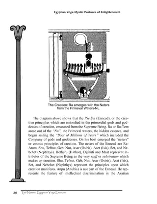 40
Egyptian Yoga Mystic Postures of Enlightenment
The diagram above shows that the Psedjet (Ennead), or the crea-
tive principles which are embodied in the primordial gods and god-
desses of creation, emanated from the Supreme Being. Ra or Ra-Tem
arose out of the “Nu”, the Primeval waters, the hidden essence, and
began sailing the “Boat of Millions of Years” which included the
Company of gods and goddesses. On his boat emerged the “neters”
or cosmic principles of creation. The neters of the Ennead are Ra-
Atum, Shu, Tefnut, Geb, Nut, Asar (Osiris), Aset (Isis), Set, and Ne-
behet (Nephthys). Hetheru (Hathor), Djehuti and Maat represent at-
tributes of the Supreme Being as the very stuff or substratum which
makes up creation. Shu, Tefnut, Geb, Nut, Asar (Osiris), Aset (Isis),
Set, and Nebehet (Nephthys) represent the principles upon which
creation manifests. Anpu (Anubis) is not part of the Ennead. He rep-
resents the feature of intellectual discrimination in the Asarian
 
