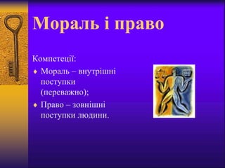 Мораль і право
Компетеції:
 Мораль – внутрішні
поступки
(переважно);
 Право – зовнішні
поступки людини.
 