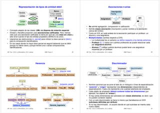 DBD Tema 3 29UR Fac. C.E.A. e Informática (© A. Jaime)
Representación de tipos de entidad débil
• Concepto alejado de las clases. UML no dispone de notación especial.
• Elmasri y Navathe proponen usar asociaciones calificadas. Pero, hemos
visto que una asociación calificada no tiene por qué ser una clase sin clave y
sólo sirve cuando el tipo de entidad propietario (BANCO) es único.
• Usaremos las restricciones {c. parcial} para indicar la clave parcial e {ident.}
para la composición identificadora.
• En los casos donde no haya clave parcial se seguirá sabiendo que es débil
porque no habrá clave y porque tendrá una o varias composiciones
identificadoras.
Banco
Código {clave}
Nombre {clave}
Sucursal
Código {c. parcial}
Dirección
1
1..*
{ident.}
BANCO
Código
Nombre
SUCURSAL
Dirección
TIENE
(1,N)
(1,1)
Código
DBD Tema 3 30UR Fac. C.E.A. e Informática (© A. Jaime)
Asociaciones n-arias
• No admite agregación, composición ni calificación.
• Admite clases asociación (Inscripción) y poner nombre a la asociación
(cerca del rombo)
• Como en E/R, en cada enlace de la asociación participan un profesor, un
alumno y una asignatura.
• Multiplicidades (cambia respecto a E/R):
– La multiplicidad de un extremo se define respecto a los demás extremos.
– Profesor (0..1) indica con cuántos profesores se puede relacionar cada
par asignatura-alumno.
– Alumno (*) refleja cuántos alumnos puede tener una asignatura
impartida por un profesor.
Asignatura Profesor
Alumno
0..1*
*
Inscripción
Fecha
NO:
DBD Tema 3 31UR Fac. C.E.A. e Informática (© A. Jaime)
Herencia
CIEN DOSCIENTOS TRES_MIL
ATLETA
o
PÉRTIGA
PROFESOR ADMINISTRACIÓN_SERVICIOS
PLANTILLA_UNIVERSIDAD
d
Plantilla_Universidad
Profesorado Administración_Servicios
tipo {disjunta, total}
Atleta
Cien Doscientos Tres_Mil
{solapada, parcial}
Pértiga
INGENIERO ASALARIADOGERENTE
EMPLEADO
GERENTE_INGENIERÍA
Empleado
Ingeniero Gerente Asalariado
Gerente_ingeniería
DBD Tema 3 32UR Fac. C.E.A. e Informática (© A. Jaime)
Discriminador
• Nombre opcional que se pone al lado de un triángulo o línea de especialización.
• “posición” y “origen” representan dos dimensiones independientes de
especialización. Cada una representa una cualidad abstracta del empleado.
• Cada objeto de empleado deberá contener todas las dimensiones (por
ejemplo, los objetos de “enlace”)
• Si hay varias dimensiones las subclases son clases abstractas, es decir, que
no pueden contener objetos.
• Con un solo discriminador se tiene lo mismo que llamábamos en EER
subclases definidas por atributo.
• Si no hay discriminador, el usuario decide en qué subclase se inserta cada
nuevo objeto.
Empleado
Supervisor Operario Nacional Extranjero
origenposición
Enlace
discriminadordiscriminador
Clases
abstractas
 