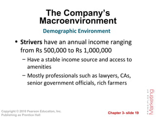 Chapter 3- slide 19
Copyright © 2010 Pearson Education, Inc.
Publishing as Prentice Hall
The Company’s
Macroenvironment
• Strivers have an annual income ranging
from Rs 500,000 to Rs 1,000,000
– Have a stable income source and access to
amenities
– Mostly professionals such as lawyers, CAs,
senior government officials, rich farmers
Demographic Environment
 