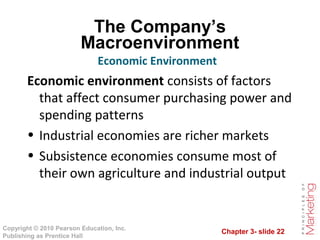 Chapter 3- slide 22
Copyright © 2010 Pearson Education, Inc.
Publishing as Prentice Hall
The Company’s
Macroenvironment
Economic environment consists of factors
that affect consumer purchasing power and
spending patterns
• Industrial economies are richer markets
• Subsistence economies consume most of
their own agriculture and industrial output
Economic Environment
 