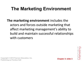Chapter 3- slide 3
Copyright © 2010 Pearson Education, Inc.
Publishing as Prentice Hall
The Marketing Environment
The marketing environment includes the
actors and forces outside marketing that
affect marketing management’s ability to
build and maintain successful relationships
with customers
 