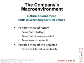Chapter 3- slide 33
Copyright © 2010 Pearson Education, Inc.
Publishing as Prentice Hall
The Company’s
Macroenvironment
Cultural Environment
Shifts in Secondary Cultural Values
• People’s view of nature
– Some feel ruled by it
– Some feel in harmony with it
– Some seek to master it
• People’s view of the universe
– Renewed interest in spirituality
 