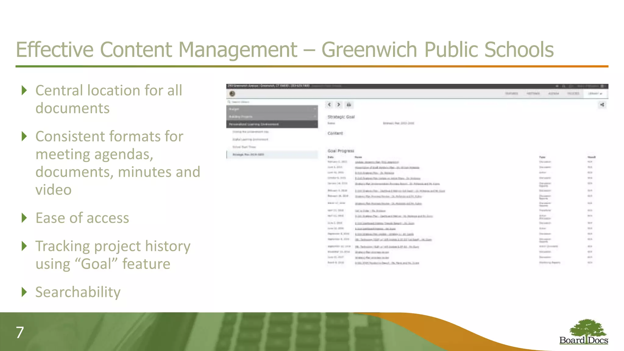  Central location for all
documents
 Consistent formats for
meeting agendas,
documents, minutes and
video
 Ease of access
 Tracking project history
using “Goal” feature
 Searchability
7
Effective Content Management – Greenwich Public Schools
 