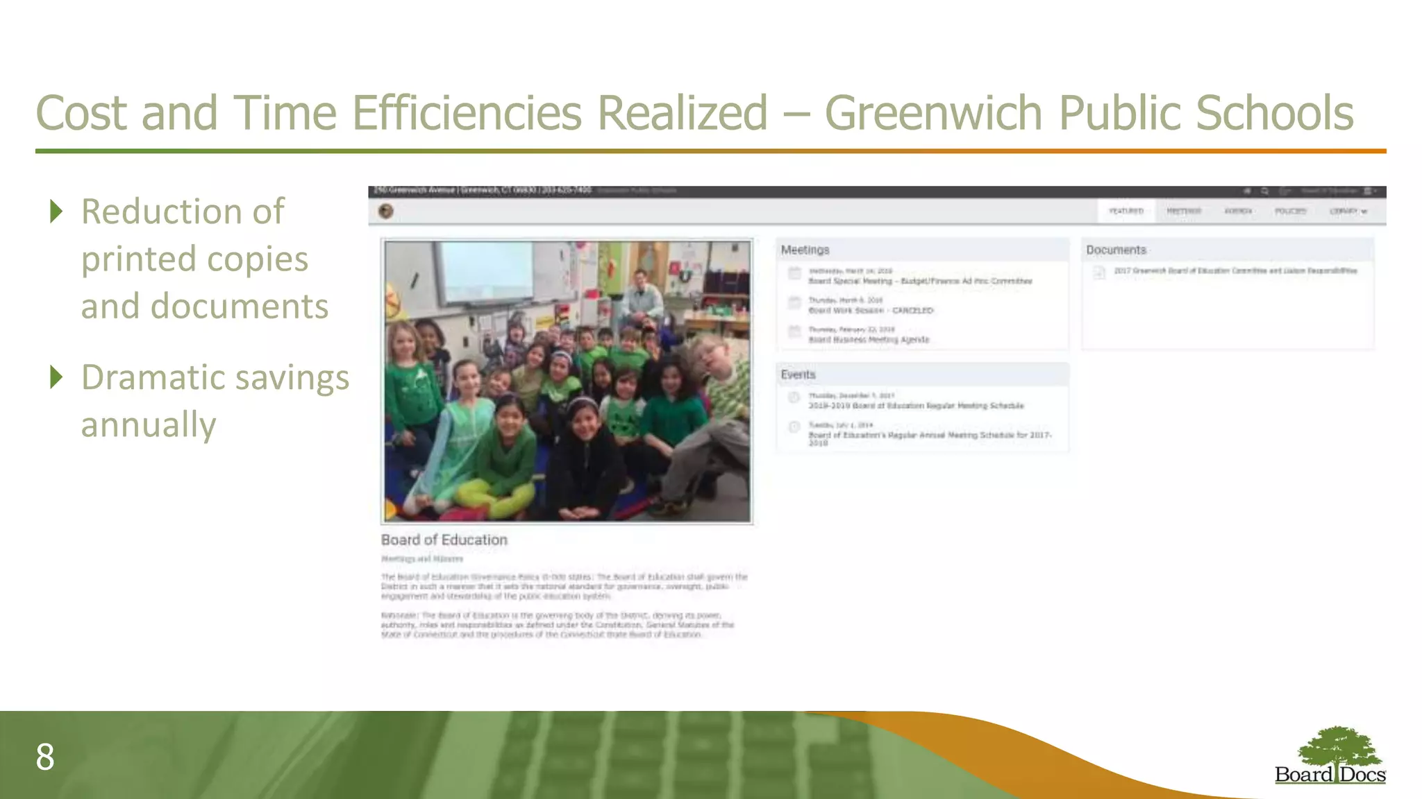 Reduction of
printed copies
and documents
Dramatic savings
annually
8
Cost and Time Efficiencies Realized – Greenwich Public Schools
 