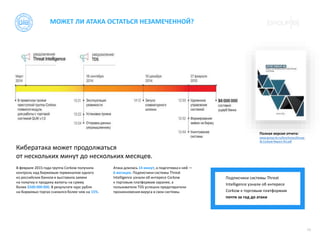МОЖЕТ ЛИ АТАКА ОСТАТЬСЯ НЕЗАМЕЧЕННОЙ?
10
В феврале 2015 года группа Corkow получила
контроль над биржевым терминалом одного
из российских банков и выставила заявки
на покупку и продажу валюты на сумму
более $500 000 000. В результате курс рубля
на биржевых торгах снизился более чем на 15%.
Атака длилась 14 минут, а подготовка к ней —
6 месяцев. Подписчики системы Threat
Intelligence узнали об интересе Corkow
к торговым платформам заранее, а
пользователи TDS успешно предотвратили
проникновения вируса в свои системы.
Полная версия отчета:
www.group-ib.ru/brochures/Group-
IB-Corkow-Report-RU.pdf
Кибератака может продолжаться
от нескольких минут до нескольких месяцев.
Подписчики системы Threat
Intelligence узнали об интересе
Corkow к торговым платформам
почти за год до атаки
 
