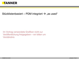 © 2014 vertraulich | Folie 10TANNER AG © 2018 vertraulich | Folie 10
Stücklistenbasiert – PDM integriert  „as used“
Im Vortrag verwendete Grafiken nicht zur
Veröffentlichung freigegeben – wir bitten um
Verständnis
 