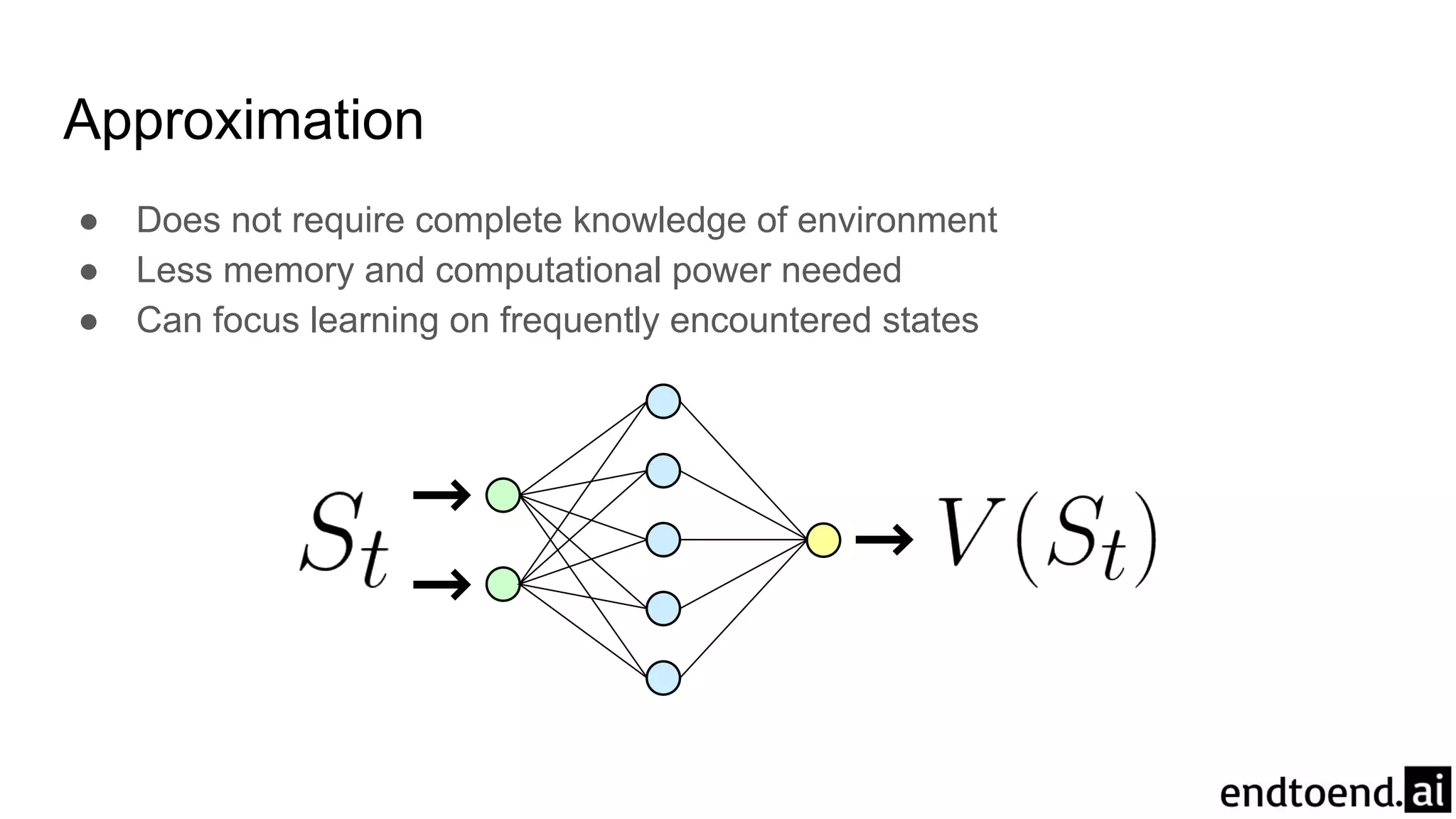 Approximation
● Does not require complete knowledge of environment
● Less memory and computational power needed
● Can focus learning on frequently encountered states
 