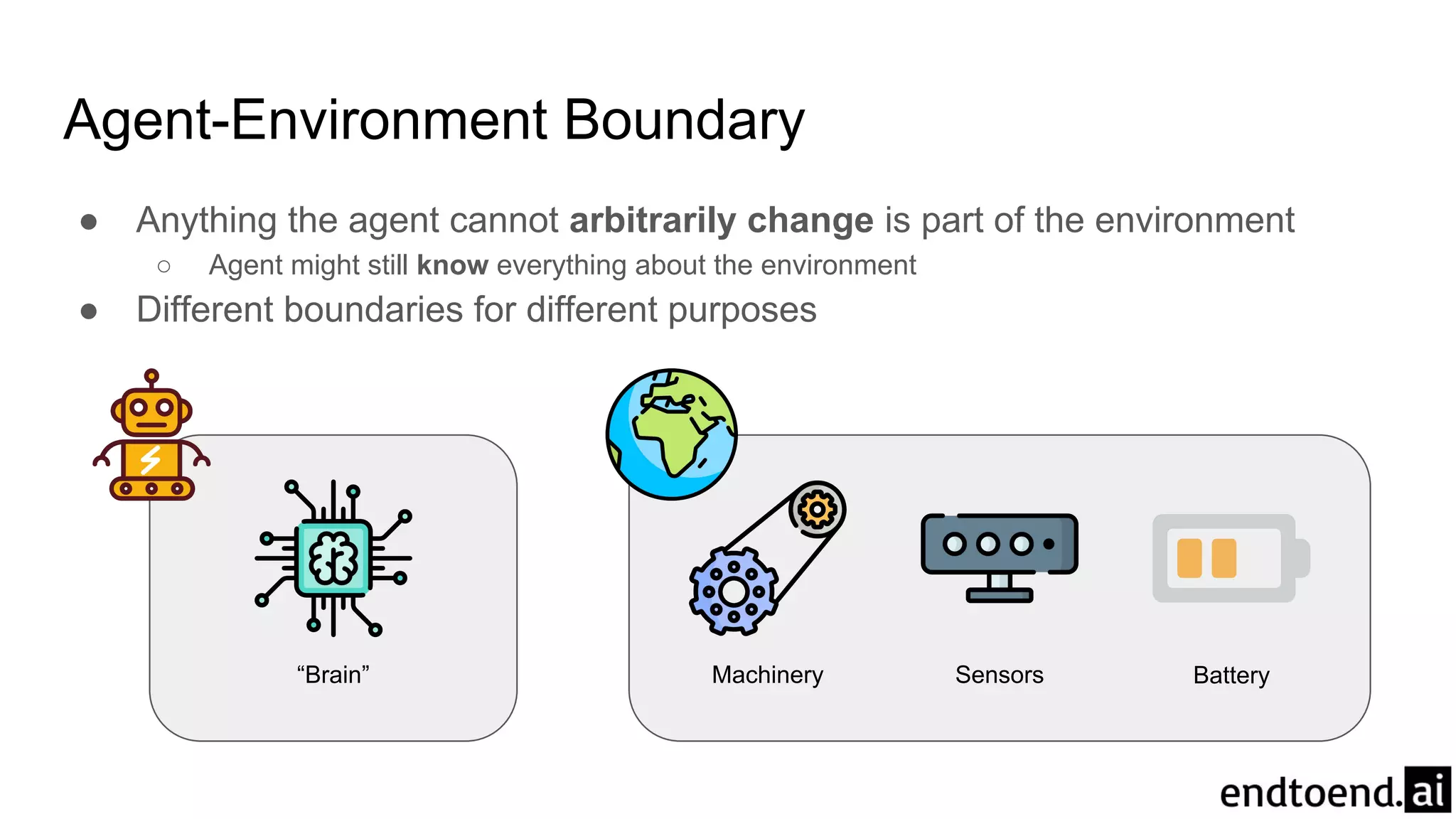 ● Anything the agent cannot arbitrarily change is part of the environment
○ Agent might still know everything about the environment
● Different boundaries for different purposes
Agent-Environment Boundary
Machinery Sensors Battery“Brain”
 