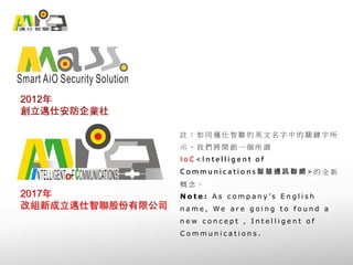2012年
創立邁仕安防企業社
2017年
改組新成立邁仕智聯股份有限公司
註 ： 如 同 邁 仕 智 聯 的 英 文 名 字 中 的 關 鍵 字 所
示 ， 我 們 將 開 創 一 個 所 謂
I o C < I n t e l l i g e n t o f
C o m m u n i c a t i o n s 智 慧 通 訊 聯 網 > 的 全 新
概 念 。
N o t e : A s c o m p a n y ’ s E n g l i s h
n a m e , W e a r e g o i n g t o f o u n d a
n e w c o n c e p t , I n t e l l i g e n t o f
C o m m u n i c a t i o n s .
 