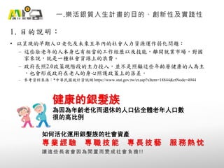 1. 目的說明：
一.樂活銀質人生計畫的目的、創新性及實踐性
• 以呈現的早期人口老化及未來五年內的社會人力資源運作弱化問題：
– 這些壯老年的人本身已有相當的工作經歷以及技能，離開就業市場，對國
家來說，就是一種社會資源上的浪費。
– 政府長照2.0政策現階段的主力投入，並不是照顧這些年齡層健康的人為主
，也會形成政府在老人的身心照護政策上的落差。
– 參考資料來源：*中華民國統計資訊網 https://www.stat.gov.tw/ct.asp?xItem=18844&ctNode=4944
健康的銀髮族
為因為年齡老化而退休的人口佔全體老年人口數
很的高比例
如何活化運用銀髮族的社會資產
專 業 經 驗 專 職 技 能 專 長 技 藝 服 務 熱 忱
讓 這 些 長 者 會 因 為 閒 置 而 變 成 社 會 負 擔 !!
 