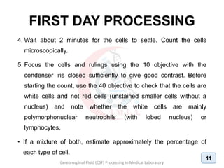 FIRST DAY PROCESSING
4. Wait about 2 minutes for the cells to settle. Count the cells
microscopically.
5. Focus the cells and rulings using the 10 objective with the
condenser iris closed sufficiently to give good contrast. Before
starting the count, use the 40 objective to check that the cells are
white cells and not red cells (unstained smaller cells without a
nucleus) and note whether the white cells are mainly
polymorphonuclear neutrophils (with lobed nucleus) or
lymphocytes.
• If a mixture of both, estimate approximately the percentage of
each type of cell.
Cerebrospinal Fluid (CSF) Processing In Medical Laboratory
11
 