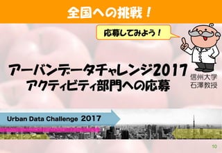 全国への挑戦！
アーバンデータチャレンジ2017
アクティビティ部門への応募
応募してみよう！
信州大学
石澤教授
10
 
