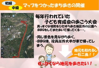 16
毎年行われていた
子ども育成会の歩こう大会
真っすぐな堤防をひたすら歩き地区外の公園へ
ＢＢＱをしてまた歩いて帰ってくる・・・。
・同じ景色を見ながら歩く。
・ＢＢＱ後、役員以外大半が車で帰ってし
まう。
地元も知れるし
一石二鳥！！
せっかくなら地元を歩きたい！
マップをつかったまち歩きの開催
初級
中級
 
