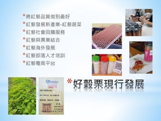 *
*將紅藜品質做到最好
*紅藜發展新產業-紅藜蔬菜
*紅藜社會回饋服務
*紅藜與異業結合
*紅藜海外發展
*紅藜部落人才培訓
*紅藜電商平台
 