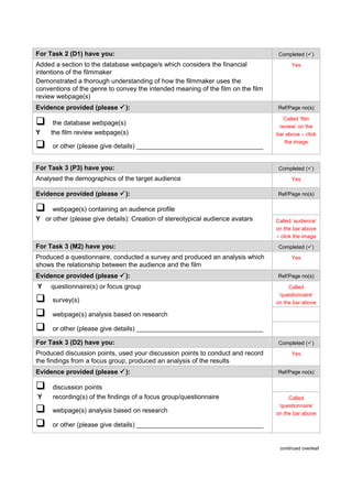 For Task 2 (D1) have you: Completed ()
Added a section to the database webpage/s which considers the financial
intentions of the filmmaker
Demonstrated a thorough understanding of how the filmmaker uses the
conventions of the genre to convey the intended meaning of the film on the film
review webpage(s)
Yes
Evidence provided (please ): Ref/Page no(s)
 the database webpage(s)
Y the film review webpage(s)
 or other (please give details) ___________________________________
Called ‘film
review’ on the
bar above – click
the image
For Task 3 (P3) have you: Completed ()
Analysed the demographics of the target audience Yes
Evidence provided (please ): Ref/Page no(s)
 webpage(s) containing an audience profile
Y or other (please give details): Creation of stereotypical audience avatars Called ‘audience’
on the bar above
– click the image
For Task 3 (M2) have you: Completed ()
Produced a questionnaire, conducted a survey and produced an analysis which
shows the relationship between the audience and the film
Yes
Evidence provided (please ): Ref/Page no(s)
Y questionnaire(s) or focus group
 survey(s)
 webpage(s) analysis based on research
 or other (please give details) ___________________________________
Called
‘questionnaire’
on the bar above
For Task 3 (D2) have you: Completed ()
Produced discussion points, used your discussion points to conduct and record
the findings from a focus group, produced an analysis of the results
Yes
Evidence provided (please ): Ref/Page no(s)
 discussion points
Y recording(s) of the findings of a focus group/questionnaire
 webpage(s) analysis based on research
 or other (please give details) ___________________________________
Called
‘questionnaire’
on the bar above
continued overleaf
 