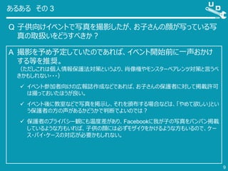 あるある その 3
Q 子供向けイベントで写真を撮影したが、お子さんの顔が写っている写
真の取扱いをどうすべきか？
9
A 撮影を予め予定していたのであれば、イベント開始前に一声おかけ
する等を推奨。
（ただしこれは個人情報保護法対策というより、肖像権やモンスターペアレンツ対策と言うべ
きかもしれない・・・）
 イベント参加者向けの広報誌作成などであれば、お子さんの保護者に対して掲載許可
は撮っておいたほうが良い。
 イベント後に教室などで写真を掲示し、それを頒布する場合などは、「やめて欲しい」とい
う保護者の方の声があるかどうかで判断でよいのでは？
 保護者のプライバシー観にも温度差があり、Facebookに我が子の写真をバンバン掲載
しているような方もいれば、子供の顔には必ずモザイクをかけるような方もいるので、ケー
ス・バイ・ケースの対応が必要かもしれない。
 