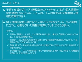 あるある その 4
Q 子育て支援のグループで連絡先のリストを作っているが、個人情報の
保持期間に悩んでいる・・・２人目、３人目が生まれた都度個人情
報を収集すべき？
10
A 個人情報を保持し続けること＝常にリスクを抱えている、という前提
に立つと、必要なくなった情報は破棄してしまったほうが良い。
ただし・・・
 子育ての現場で、２人目、３人目が生まれたときに、集まりに「復活してくる」というシチ
ュエーションはよく理解できる。
 とは言え、「古い連絡先のままリストに残っている」状態はやはり好ましくないので、一旦
削除するという方法が良いのでは？
 勿論、個人データの持ち主が「しばらくリストに載せておいてほしい」ということであれば、こ
の限りではない。
 その場合でも、（コストはかかるが）年に一回「削除しますか？残しますか？」の確認を
するなどはしたほうが良いのでは？
 
