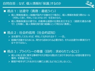 自問自答：なぜ、個人情報を「保護」するのか
 視点 1：法遵守（責務：最低ライン）
 個人情報保護法＝組織が国内で活動を行う場合に、個人情報を取扱う際のルール
（何をして良く、何をしてはいけないか）を定めたもの。
 個人情報保護法の遵守は、自動車は道路の左側を走行すること（道路交通法の遵
守）と同様に、個人情報を取り扱う組織にとって明白な「責務」。
 視点 2：社会的信用（社会的認知）
 法を遵守してさえいれば、何をしても許されるか？ ・・・否。
 組織が活動するためには、周りから認められる必要があり、それは法遵守の事実だけで
は十分ではない。
 視点 3：プライバシーの尊重（目的：求められていること）
 個人の私生活に関する事柄やそれが他から隠されており干渉されない状態を要求する
権利、を尊重すること。
 顧客や相手が「これをされたら嫌だ」と感じるようなことをしないこと。
4
 