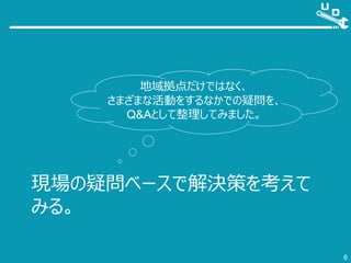現場の疑問ベースで解決策を考えて
みる。
6
地域拠点だけではなく、
さまざまな活動をするなかでの疑問を、
Q&Aとして整理してみました。
 