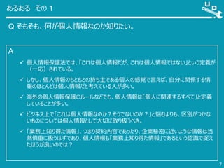 あるある その 1
Q そもそも、何が個人情報なのか知りたい。
7
A
 個人情報保護法では、「これは個人情報だが、これは個人情報ではない」という定義が
（一応）されている。
 しかし、個人情報のもともとの持ち主である個人の感覚で言えば、自分に関係する情
報のほとんどは個人情報だと考えている人が多い。
 海外の個人情報保護のルールなどでも、個人情報は「個人に関連するすべて」と定義
していることが多い。
 ビジネス上で「これは個人情報なのか？そうでないのか？」と悩むよりも、区別がつかな
いものについては個人情報として大切に取り扱うべき。
 「業務上知り得た情報」、つまり契約内容であったり、企業秘密に近いような情報は当
然慎重に扱うはずであり、個人情報も「業務上知り得た情報」であるという認識で捉え
たほうが良いのでは？
 