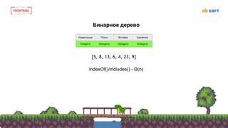 62
Индексация Поиск Вставка Удаление
O(log(n)) O((log(n)) O((log(n)) O((log(n))
Бинарное дерево
[5, 8, 13, 6, 4, 23, 9]
indexOf()/includes() - O(n)
55
 